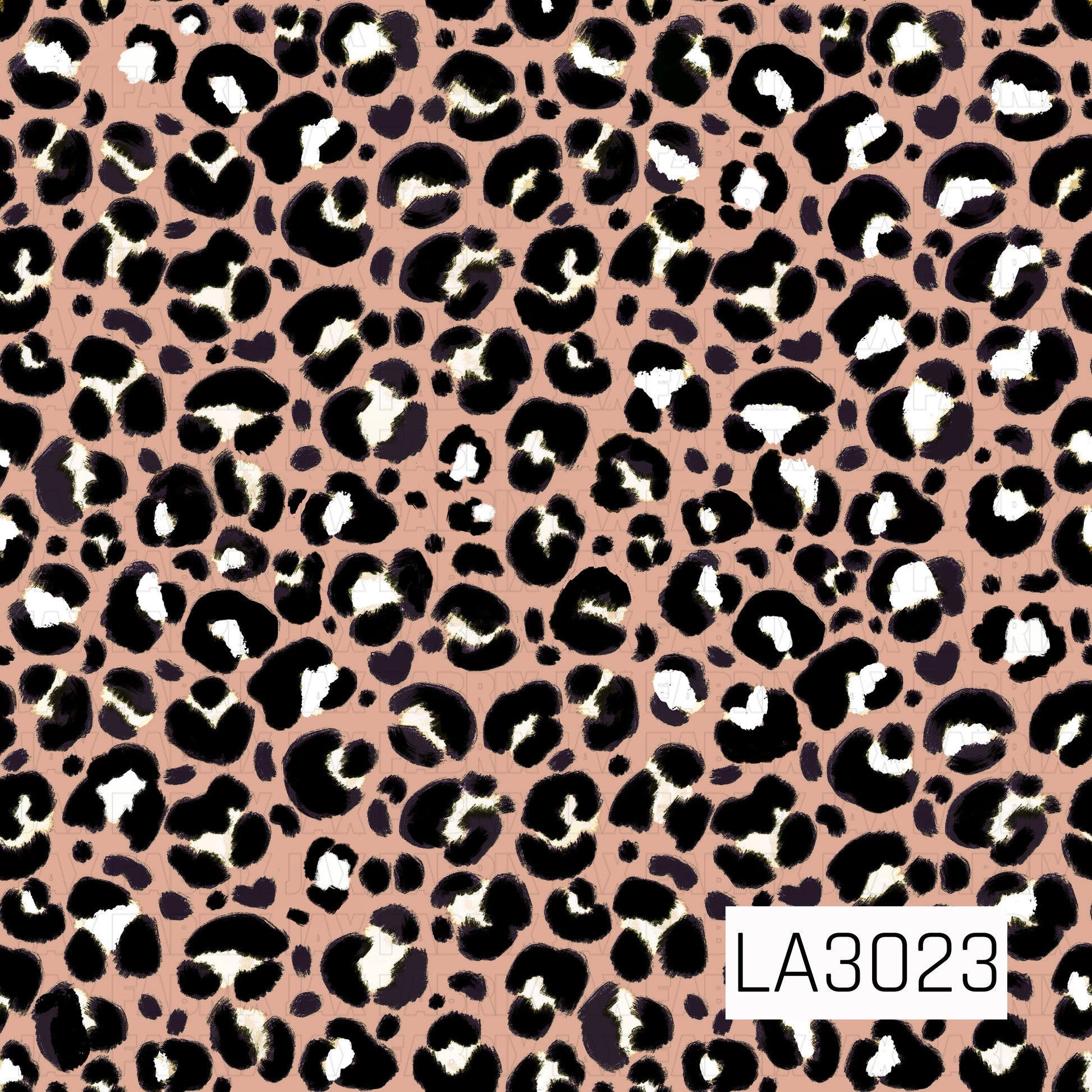 A bold, painterly leopard print featuring oversized black spots with creamy white centers and deep charcoal accents on a warm dusty peach background.
