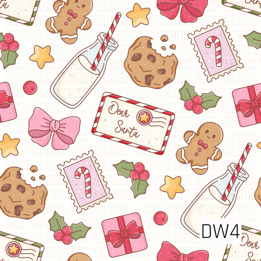 A sweet and playful Christmas pattern featuring smiling gingerbread men, chocolate chip cookies, milk bottles with striped straws, and letters addressed to Santa. Festive accents include pink bows, wrapped presents, candy cane postage stamps, golden stars, and holly with bright pink berries. Set against a soft cream background, the cheerful pinks, reds, and warm browns create an adorable, whimsical holiday feel.