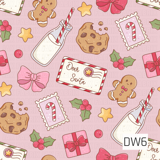 A whimsical Christmas pattern featuring adorable gingerbread men, chocolate chip cookies, milk bottles with striped straws, and letters to Santa. Pink bows, wrapped presents, candy cane stamps, golden stars, and festive holly accents are scattered across a dusty mauve pink background for a sweet and playful holiday look.