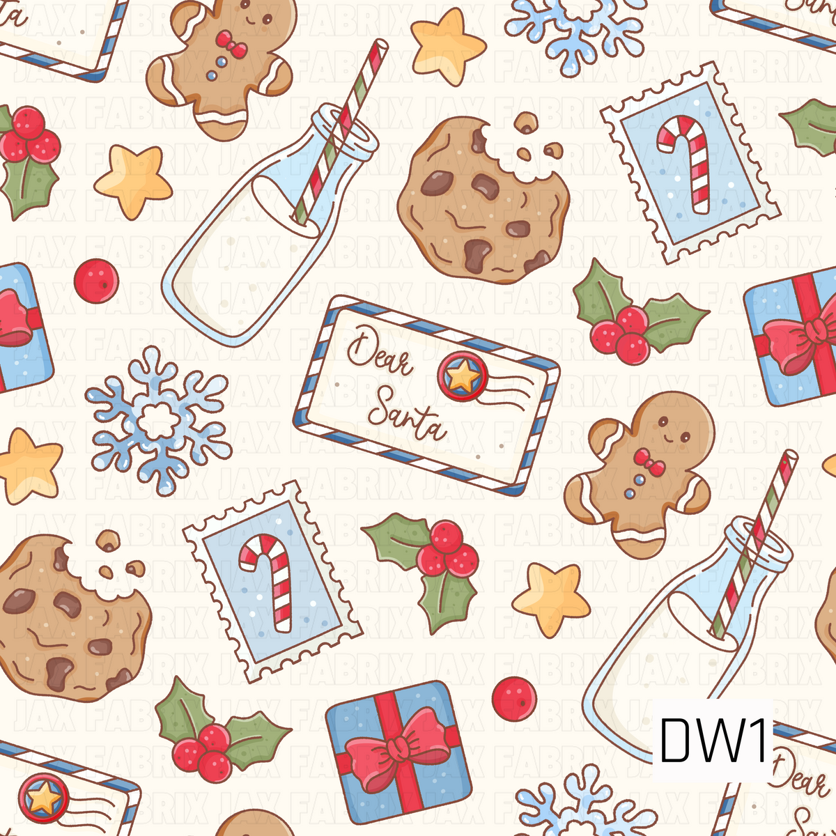 A playful Christmas pattern featuring smiling gingerbread men, chocolate chip cookies, milk bottles with striped straws, and letters addressed to Santa. Festive details include candy cane postage stamps, wrapped presents, blue snowflakes, golden stars, and holly with bright red berries. Soft cream, light blue, red, and warm brown tones give this design a sweet, whimsical holiday feel.