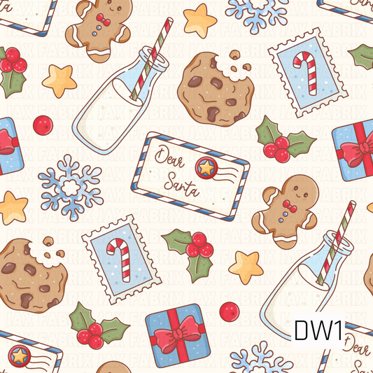 A playful Christmas pattern featuring smiling gingerbread men, chocolate chip cookies, milk bottles with striped straws, and letters addressed to Santa. Festive details include candy cane postage stamps, wrapped presents, blue snowflakes, golden stars, and holly with bright red berries. Soft cream, light blue, red, and warm brown tones give this design a sweet, whimsical holiday feel.