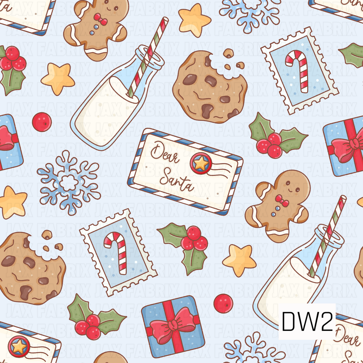 A playful Christmas pattern featuring smiling gingerbread men, chocolate chip cookies, milk bottles with striped straws, and letters addressed to Santa. Festive accents include candy cane postage stamps, wrapped presents, blue snowflakes, golden stars, and holly with bright red berries. Set against a soft pastel blue background, the cheerful red, blue, and warm brown details create a sweet, whimsical holiday feel.
