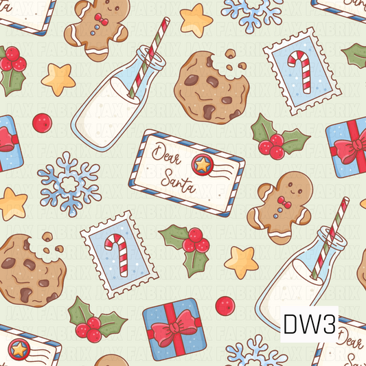 A playful Christmas pattern featuring smiling gingerbread men, chocolate chip cookies, milk bottles with striped straws, and letters addressed to Santa. Festive accents include candy cane postage stamps, wrapped presents, blue snowflakes, golden stars, and holly with bright red berries. Set against a soft sage green background, the cheerful reds, blues, and warm browns create a sweet, whimsical holiday feel.
