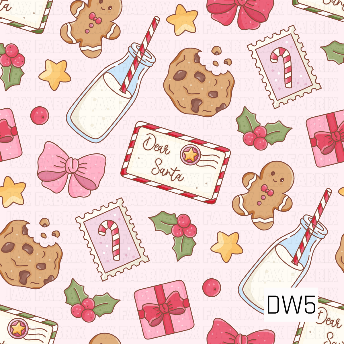 A sweet and playful Christmas pattern featuring smiling gingerbread men, chocolate chip cookies, milk bottles with striped straws, and letters addressed to Santa. Festive accents include pink bows, wrapped presents, candy cane postage stamps, golden stars, and holly with pink berries. Set against a soft blush pink background, the cheerful pinks, reds, and warm browns create an adorable, whimsical holiday feel.