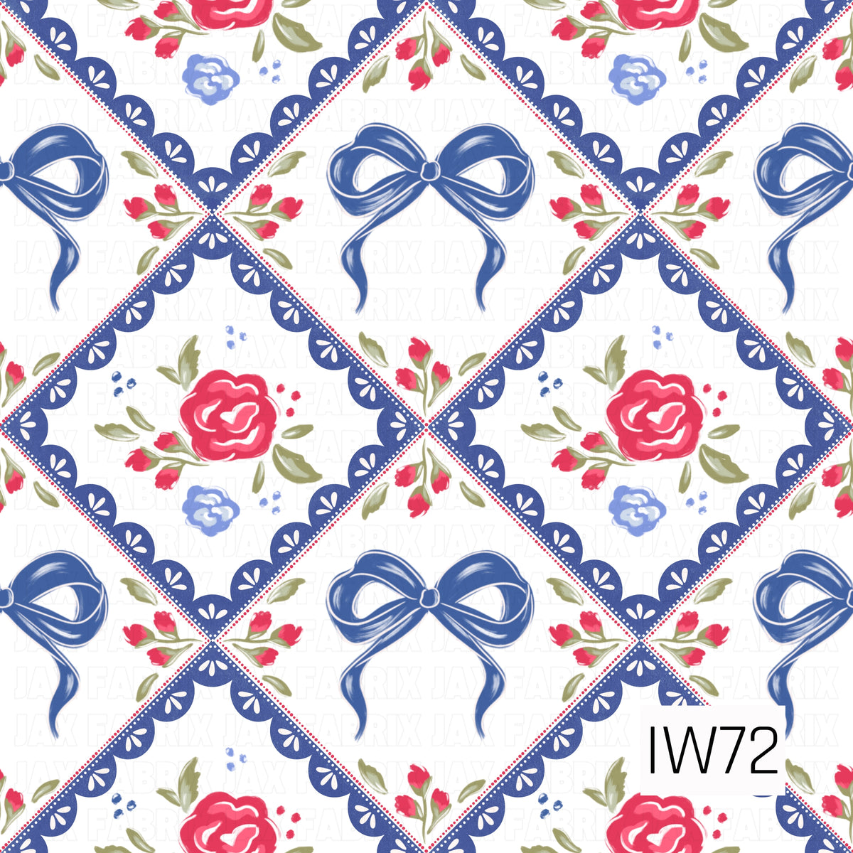 A charming vintage-inspired floral diamond pattern featuring vibrant pink-red roses, delicate periwinkle blue blossoms, and muted olive green leaves on a crisp white background. Navy blue scalloped lace borders with dainty white petal details and tiny red dotted accents form an elegant diamond lattice, alternating between floral bouquets and oversized navy ribbon bows with flowing tails. The design combines sweet coquette charm with a classic cottage-inspired feel.