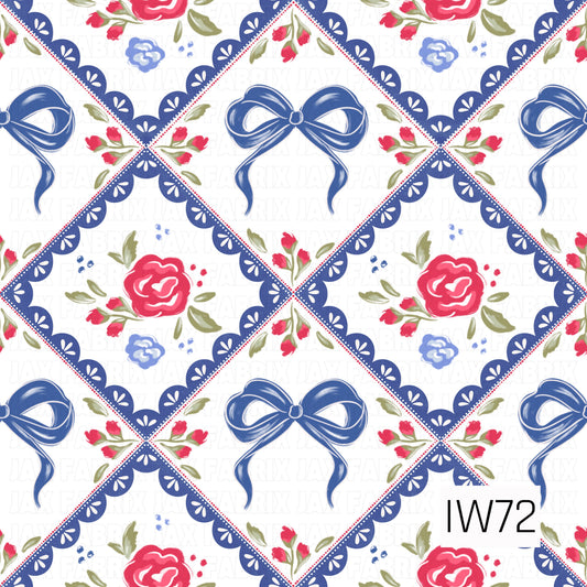 A charming vintage-inspired floral diamond pattern featuring vibrant pink-red roses, delicate periwinkle blue blossoms, and muted olive green leaves on a crisp white background. Navy blue scalloped lace borders with dainty white petal details and tiny red dotted accents form an elegant diamond lattice, alternating between floral bouquets and oversized navy ribbon bows with flowing tails. The design combines sweet coquette charm with a classic cottage-inspired feel.