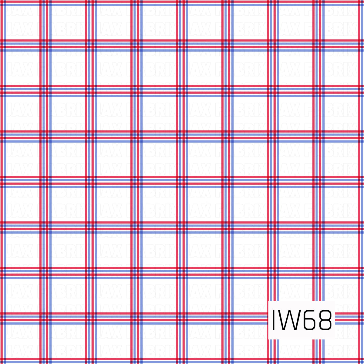 A classic red, white, and blue plaid pattern featuring evenly spaced horizontal and vertical stripes in vibrant red and royal blue against a crisp white background. Thin layered lines intersect to create a clean, symmetrical grid of large white squares with a timeless patriotic feel.