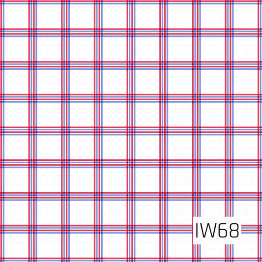 A classic red, white, and blue plaid pattern featuring evenly spaced horizontal and vertical stripes in vibrant red and royal blue against a crisp white background. Thin layered lines intersect to create a clean, symmetrical grid of large white squares with a timeless patriotic feel.