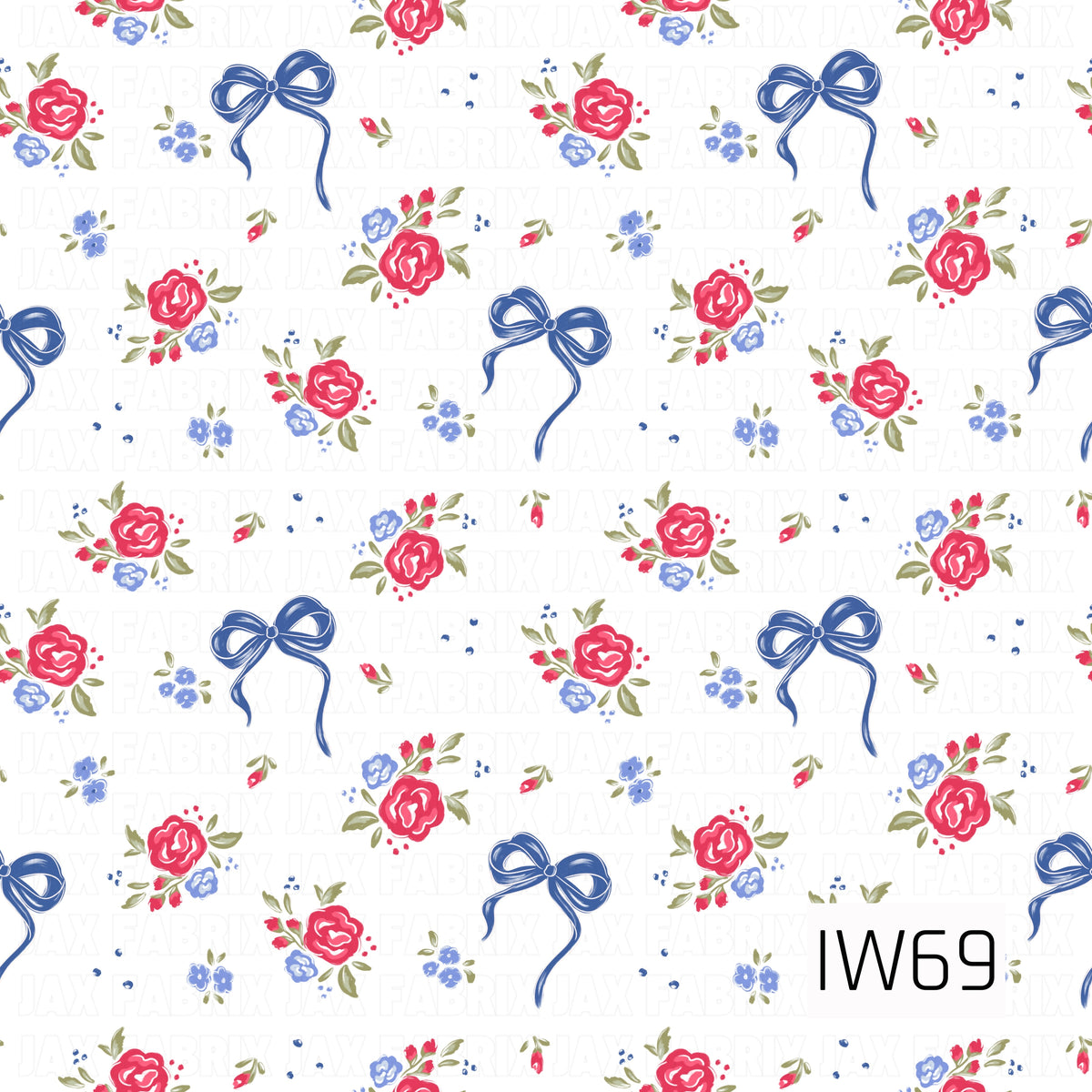 A charming coquette-inspired floral pattern featuring vibrant pink-red roses, delicate periwinkle blue blossoms, and soft olive green leaves scattered across a crisp white background. Dainty navy blue ribbon bows with flowing tails are mixed throughout the floral clusters, while tiny flower buds and scattered blue accents add a sweet, vintage-inspired touch.