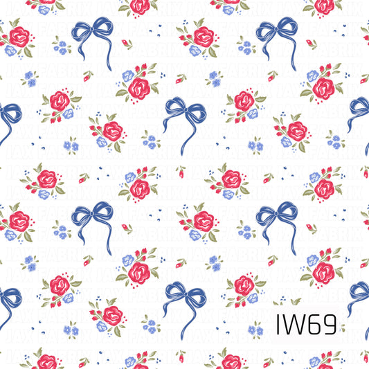 A charming coquette-inspired floral pattern featuring vibrant pink-red roses, delicate periwinkle blue blossoms, and soft olive green leaves scattered across a crisp white background. Dainty navy blue ribbon bows with flowing tails are mixed throughout the floral clusters, while tiny flower buds and scattered blue accents add a sweet, vintage-inspired touch.