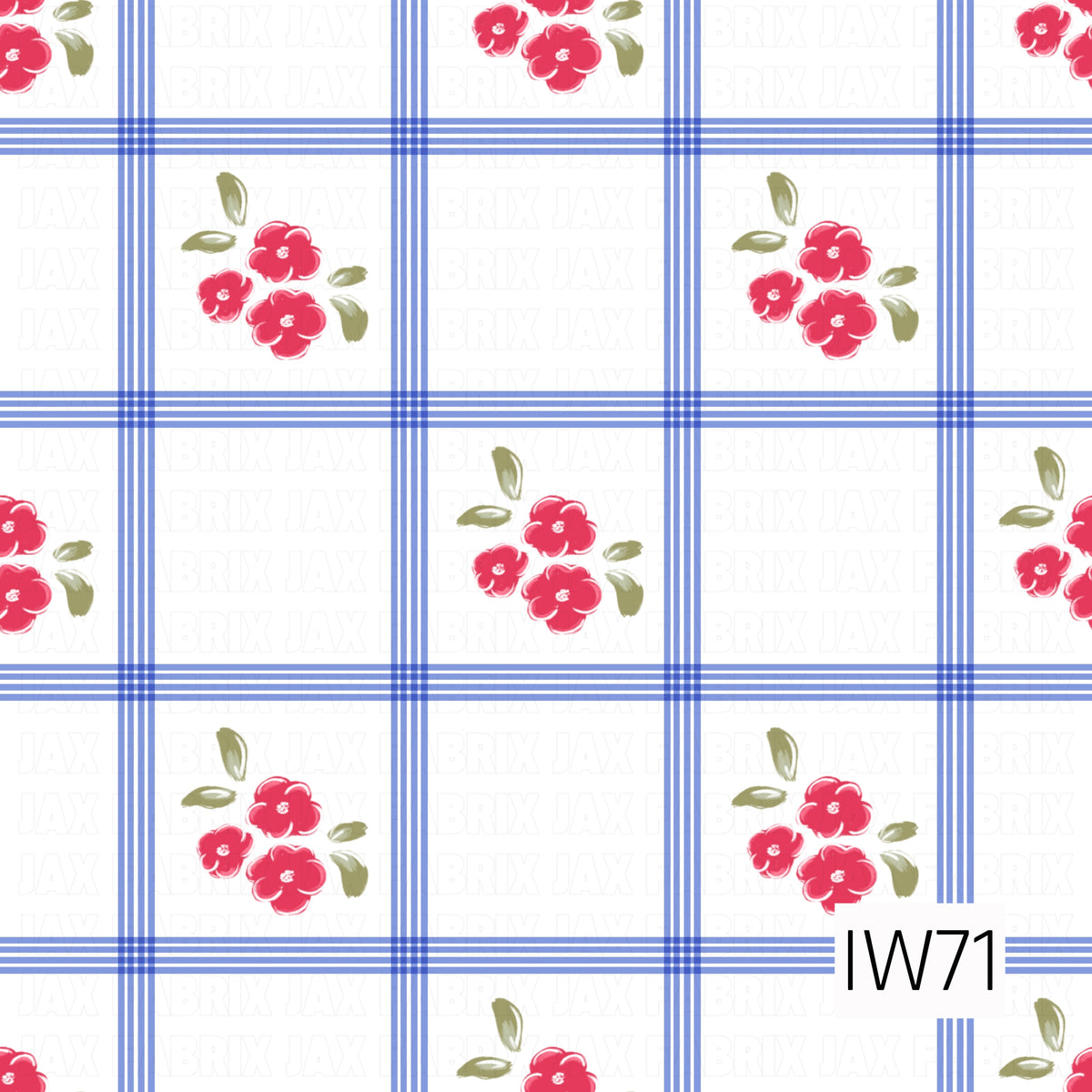 A charming vintage-inspired floral plaid featuring delicate periwinkle blue horizontal and vertical stripes forming a crisp grid across a white background. Small clusters of vibrant pink-red flowers with soft olive green leaves are scattered within the squares, creating a sweet combination of classic plaid and dainty florals with a timeless cottage-inspired feel.