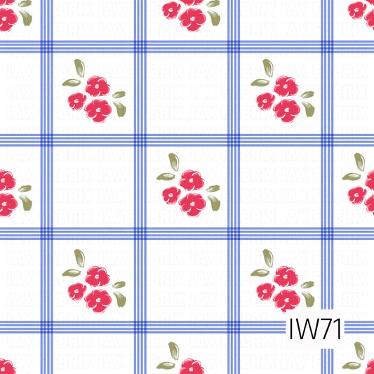 A charming vintage-inspired floral plaid featuring delicate periwinkle blue horizontal and vertical stripes forming a crisp grid across a white background. Small clusters of vibrant pink-red flowers with soft olive green leaves are scattered within the squares, creating a sweet combination of classic plaid and dainty florals with a timeless cottage-inspired feel.