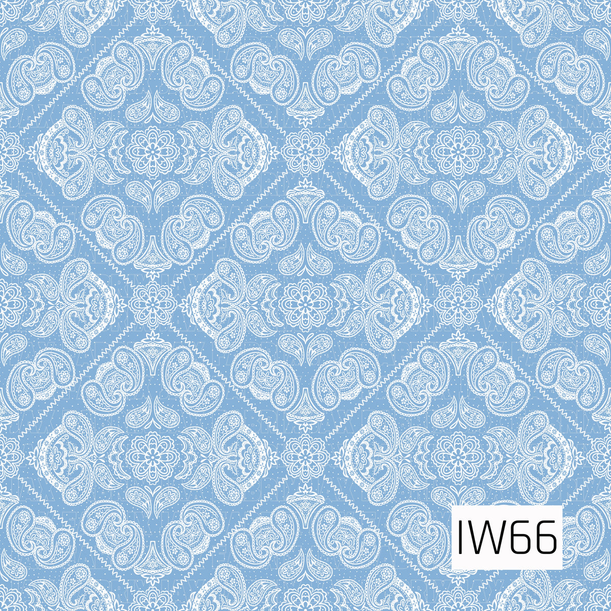 A classic bandana-inspired paisley pattern featuring intricate white floral medallions, swirling paisley motifs, and delicate ornamental details against a soft powder blue background. The symmetrical design showcases diamond-shaped arrangements with zigzag borders, tiny dotted accents, and beautifully detailed floral flourishes, creating a timeless vintage look with a charming Western-inspired feel.