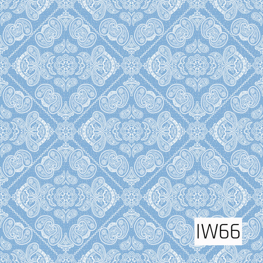 A classic bandana-inspired paisley pattern featuring intricate white floral medallions, swirling paisley motifs, and delicate ornamental details against a soft powder blue background. The symmetrical design showcases diamond-shaped arrangements with zigzag borders, tiny dotted accents, and beautifully detailed floral flourishes, creating a timeless vintage look with a charming Western-inspired feel.