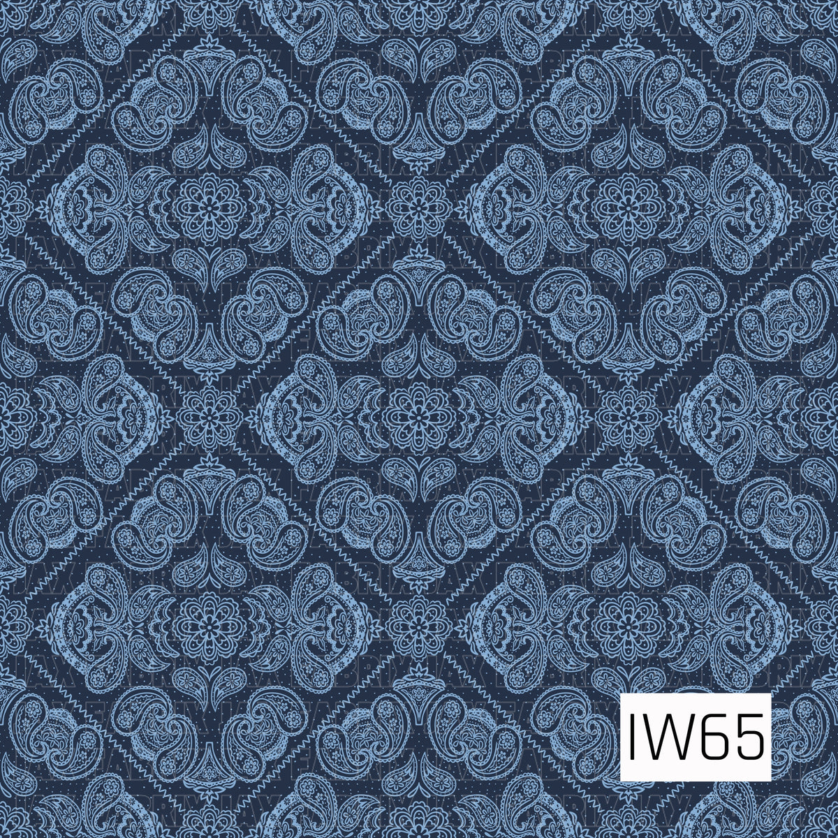 A classic bandana-inspired paisley pattern featuring intricate light blue floral medallions, swirling paisley motifs, and delicate ornamental details against a deep navy blue background. The symmetrical design incorporates diamond-shaped arrangements with scalloped and zigzag borders, tiny dotted accents, and beautifully detailed floral flourishes, creating a timeless vintage look with a charming Western-inspired feel.
