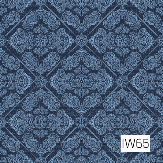 A classic bandana-inspired paisley pattern featuring intricate light blue floral medallions, swirling paisley motifs, and delicate ornamental details against a deep navy blue background. The symmetrical design incorporates diamond-shaped arrangements with scalloped and zigzag borders, tiny dotted accents, and beautifully detailed floral flourishes, creating a timeless vintage look with a charming Western-inspired feel.