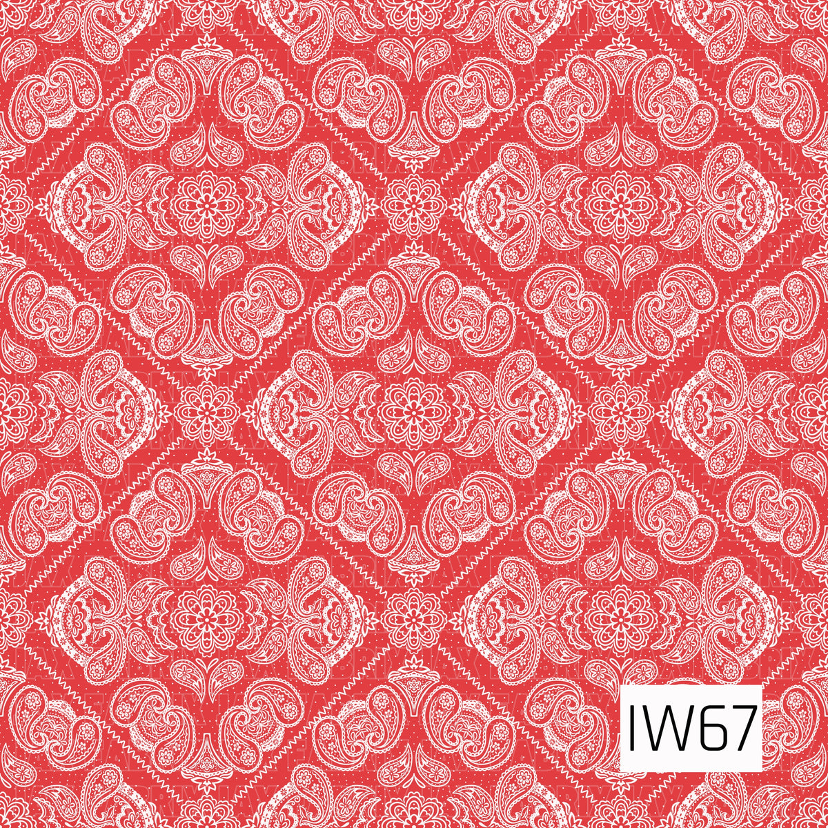 A classic bandana-inspired paisley pattern featuring intricate white floral medallions, swirling paisley motifs, and delicate ornamental details against a vibrant red background. The symmetrical design features diamond-shaped arrangements with zigzag borders, tiny dotted accents, and detailed floral flourishes, creating a timeless vintage look with a bold Western-inspired feel.