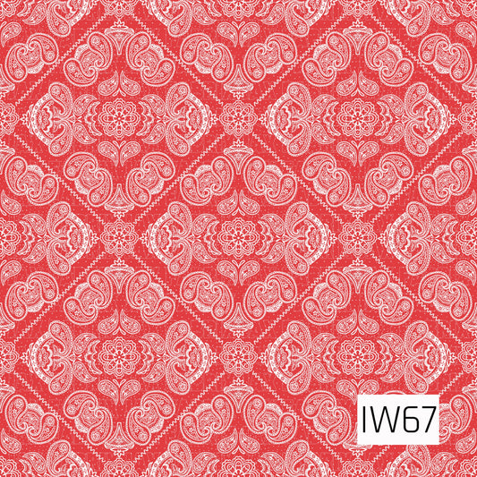 A classic bandana-inspired paisley pattern featuring intricate white floral medallions, swirling paisley motifs, and delicate ornamental details against a vibrant red background. The symmetrical design features diamond-shaped arrangements with zigzag borders, tiny dotted accents, and detailed floral flourishes, creating a timeless vintage look with a bold Western-inspired feel.