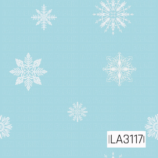 A simple winter snowflake pattern featuring an assortment of hand-drawn white snowflakes scattered across a soft icy blue background. The open spacing and varied intricate shapes create a light, frosty winter look.
