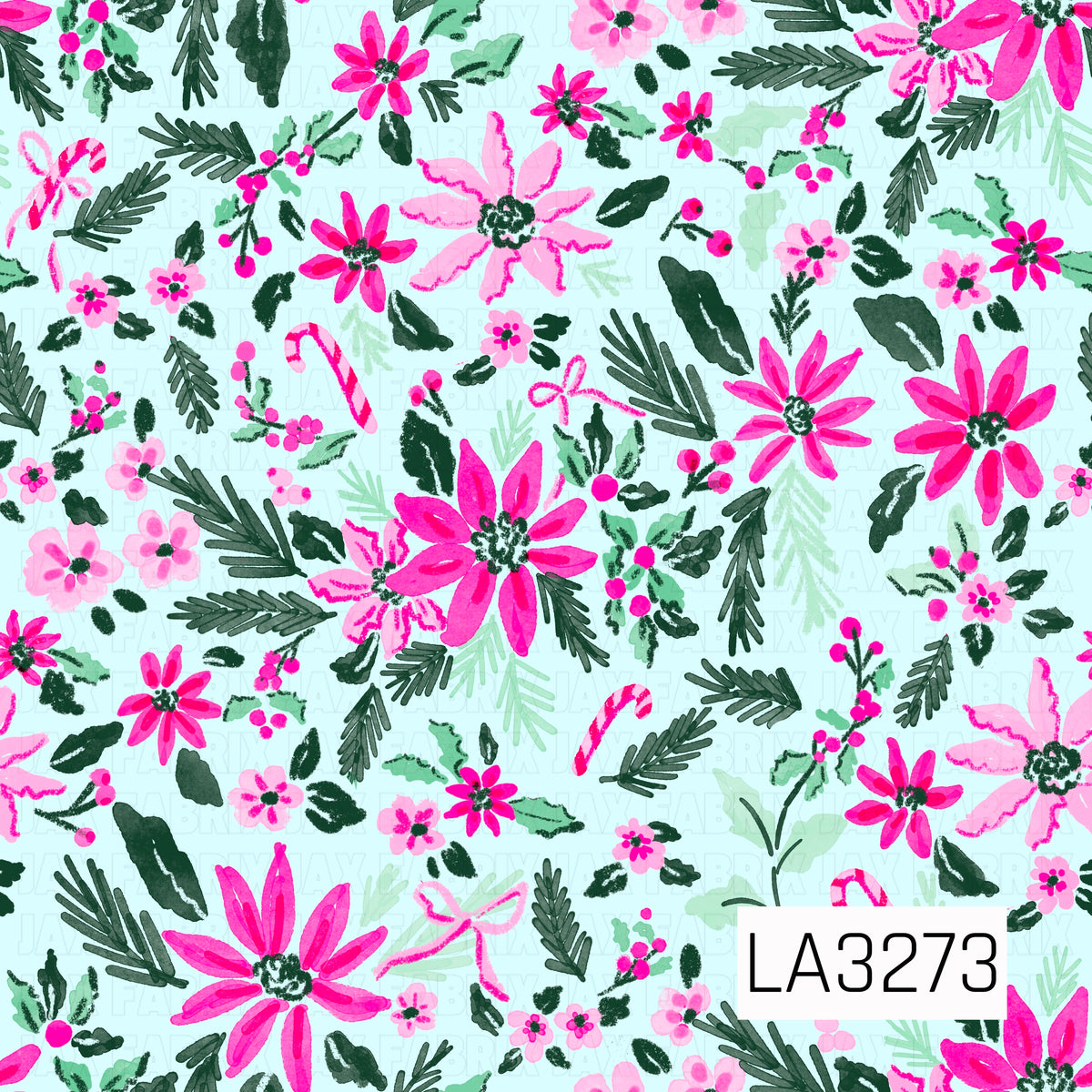 A bright, whimsical Christmas floral pattern featuring bold hot pink poinsettias, soft pink flowers, holly berries, evergreen branches, candy canes, and delicate bow accents. Shades of deep green and mint pop against the light icy blue background for a playful holiday look.
