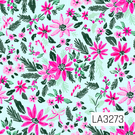 A bright, whimsical Christmas floral pattern featuring bold hot pink poinsettias, soft pink flowers, holly berries, evergreen branches, candy canes, and delicate bow accents. Shades of deep green and mint pop against the light icy blue background for a playful holiday look.
