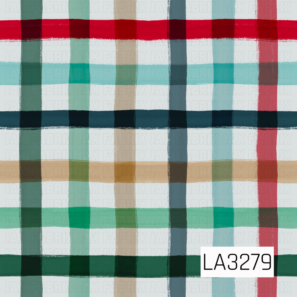 A hand-painted plaid pattern featuring bold red, deep green, mint, aqua, dark teal, and warm tan stripes layered over a soft light gray background. The textured, slightly imperfect brushstrokes give it a cozy handmade look with a festive color palette.
