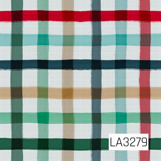 A hand-painted plaid pattern featuring bold red, deep green, mint, aqua, dark teal, and warm tan stripes layered over a soft light gray background. The textured, slightly imperfect brushstrokes give it a cozy handmade look with a festive color palette.
