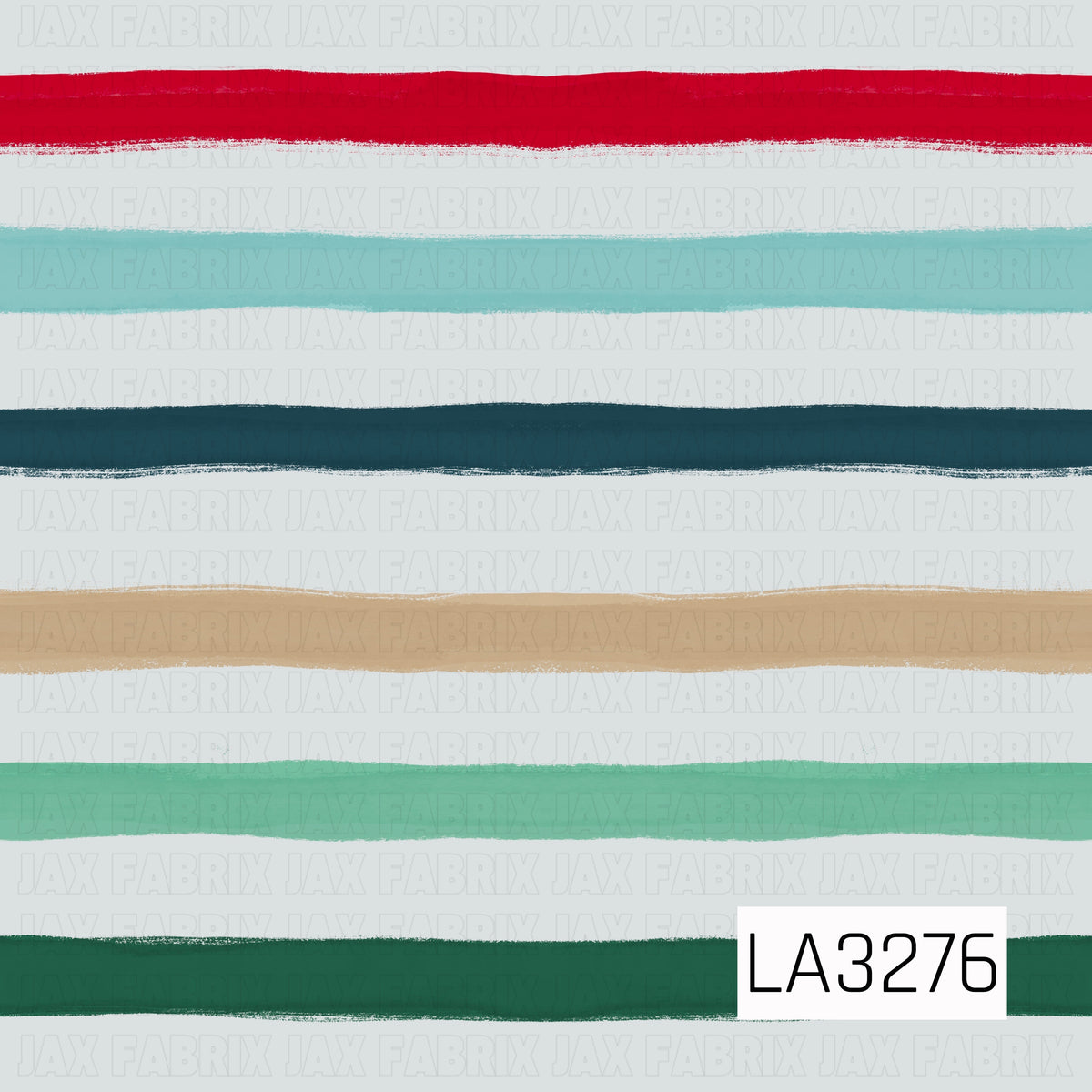 A hand-painted horizontal stripe pattern featuring bold bands of red, aqua, deep teal, tan, mint, and rich green on a light gray background. The slightly uneven, textured brushstrokes give the design a playful, artistic feel.
