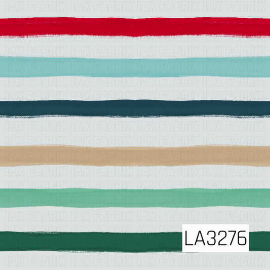 A hand-painted horizontal stripe pattern featuring bold bands of red, aqua, deep teal, tan, mint, and rich green on a light gray background. The slightly uneven, textured brushstrokes give the design a playful, artistic feel.

