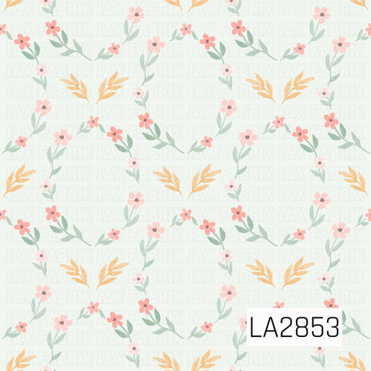 Floral pattern with pink flowers shaped as a frame and yellow leaves on a light sage green background