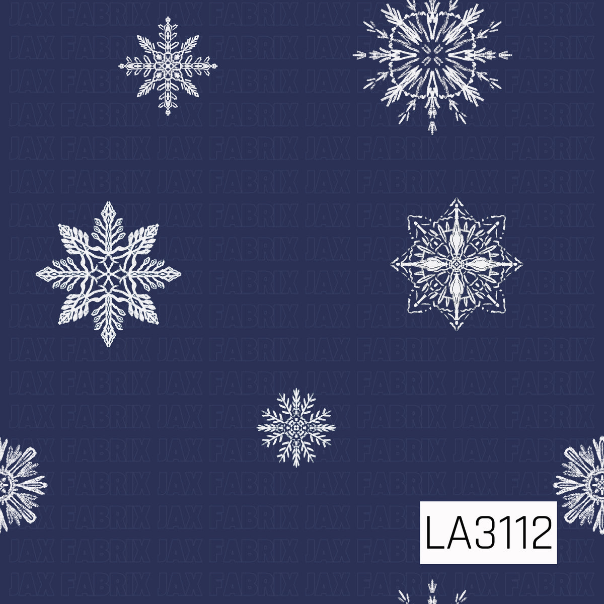 A simple winter snowflake pattern featuring an assortment of hand-drawn white snowflakes scattered across a deep navy blue background. The open spacing and mix of delicate, intricate shapes give the design a clean and classic winter feel.
