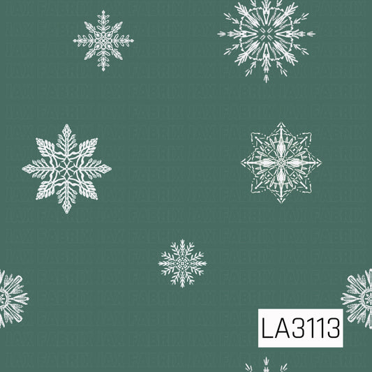 A simple winter snowflake pattern featuring an assortment of hand-drawn white snowflakes scattered across a muted pine green background. The open spacing and varied snowflake shapes create a clean, understated winter look.
