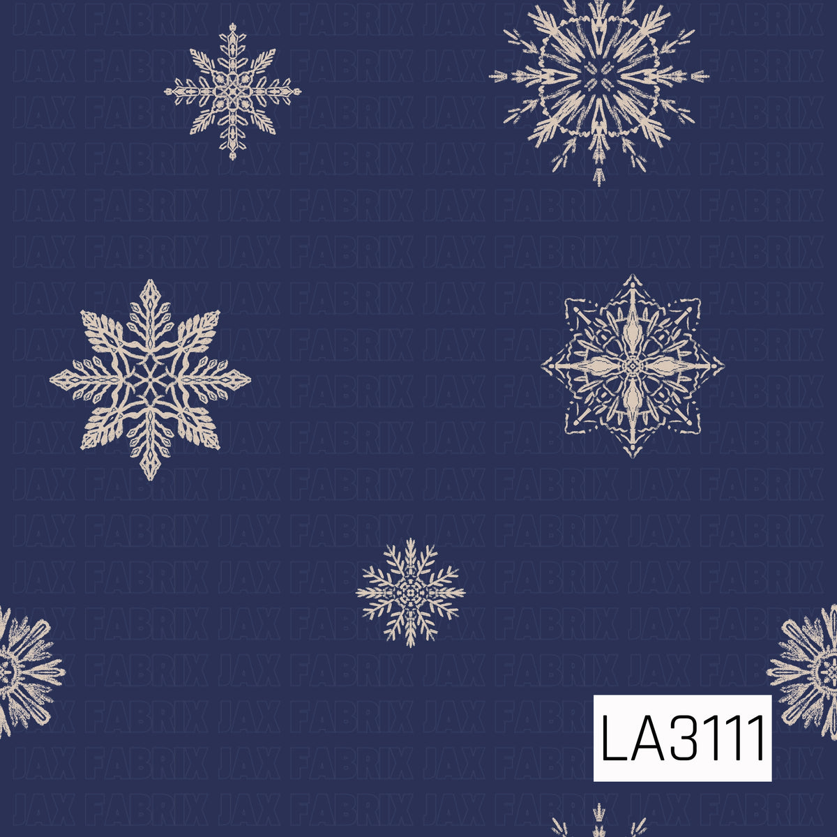 A simple winter snowflake pattern featuring an assortment of hand-drawn snowflakes in soft cream against a deep navy blue background. The open spacing and mix of ornate snowflake shapes create a clean, classic winter look.
