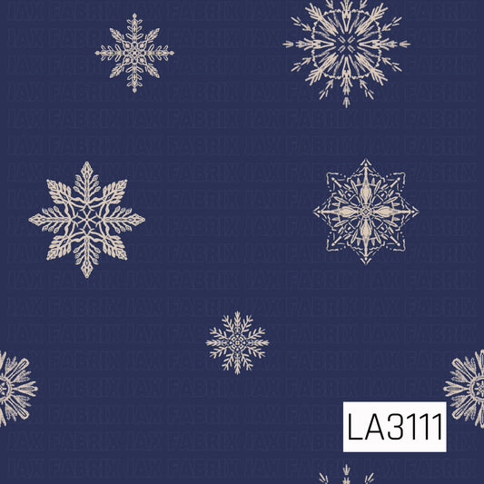 A simple winter snowflake pattern featuring an assortment of hand-drawn snowflakes in soft cream against a deep navy blue background. The open spacing and mix of ornate snowflake shapes create a clean, classic winter look.
