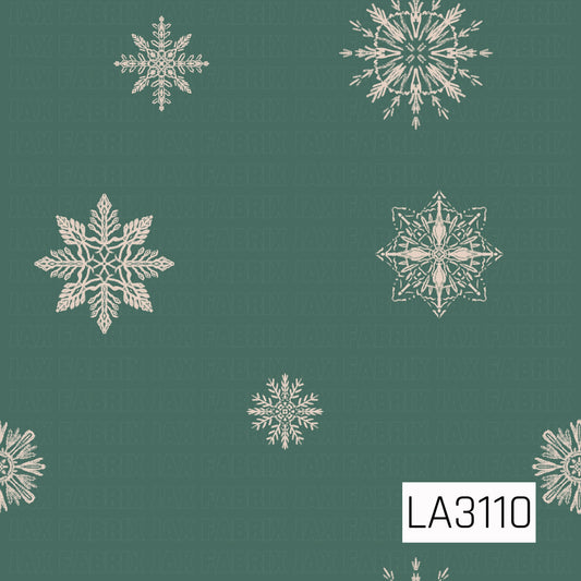 A simple winter snowflake pattern featuring large, hand-drawn snowflakes in soft cream scattered across a muted pine green background. The open spacing and mix of delicate snowflake shapes give the design a clean, understated winter feel.
