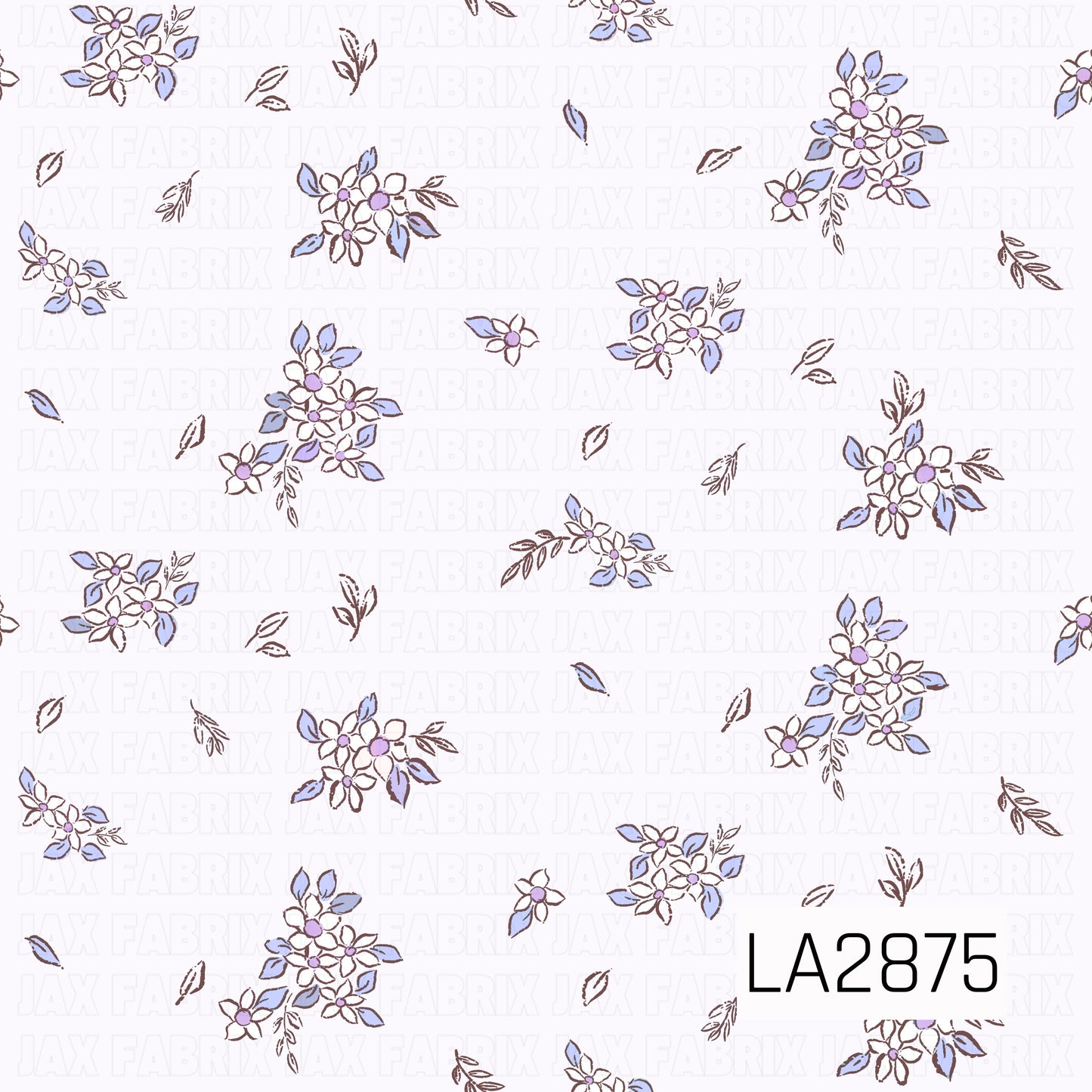A delicate ditsy floral pattern featuring small white flowers with soft lilac centers, accented by dusty blue leaves and warm brown stems. Scattered across a pale lavender background, the gentle color palette creates a charming vintage-inspired design that's perfect for coordinating fabrics and bows.

