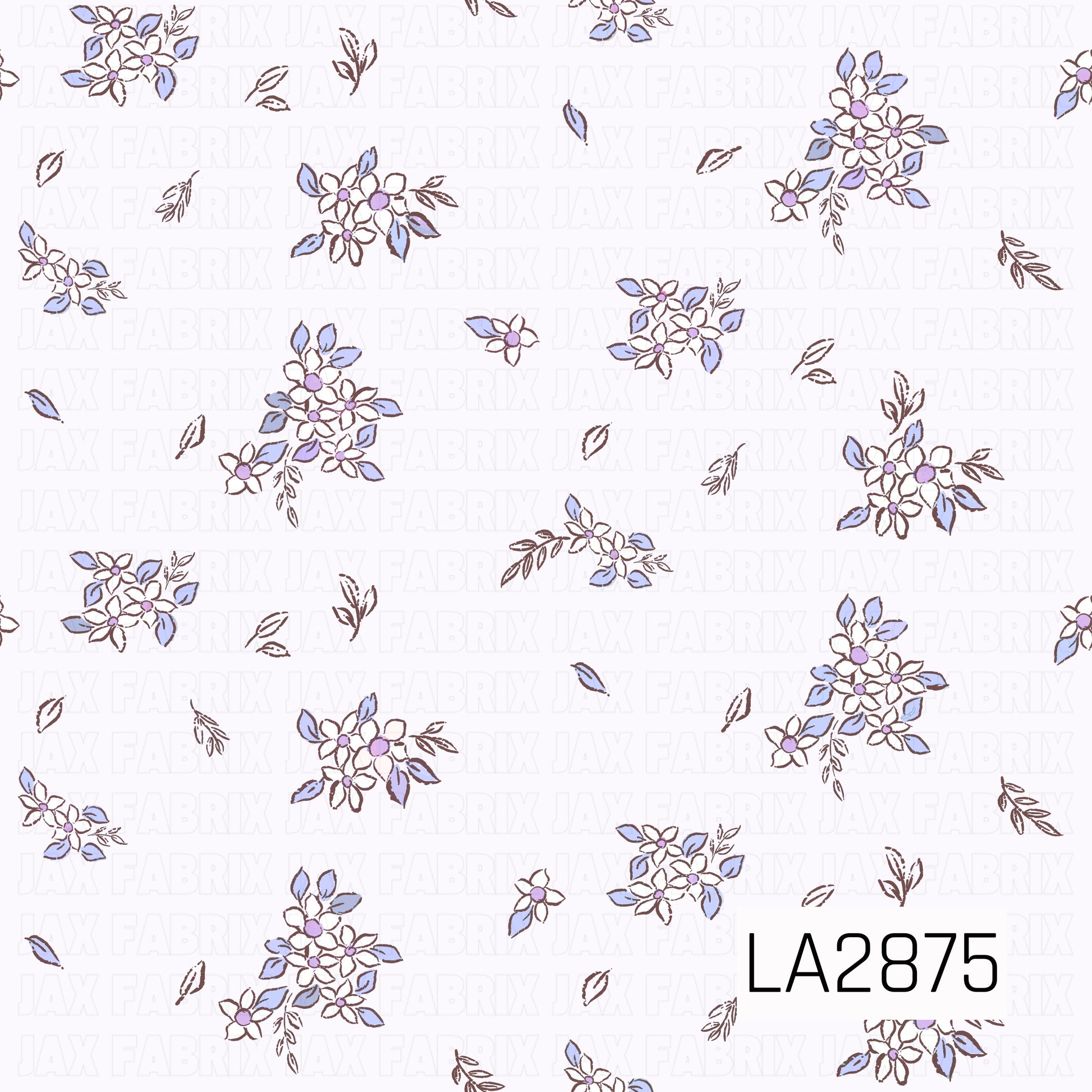 A delicate ditsy floral pattern featuring small white flowers with soft lilac centers, accented by dusty blue leaves and warm brown stems. Scattered across a pale lavender background, the gentle color palette creates a charming vintage-inspired design that's perfect for coordinating fabrics and bows.
