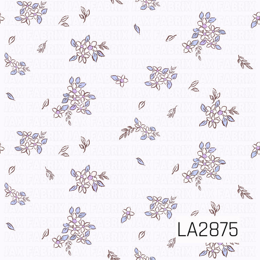 A delicate ditsy floral pattern featuring small white flowers with soft lilac centers, accented by dusty blue leaves and warm brown stems. Scattered across a pale lavender background, the gentle color palette creates a charming vintage-inspired design that's perfect for coordinating fabrics and bows.
