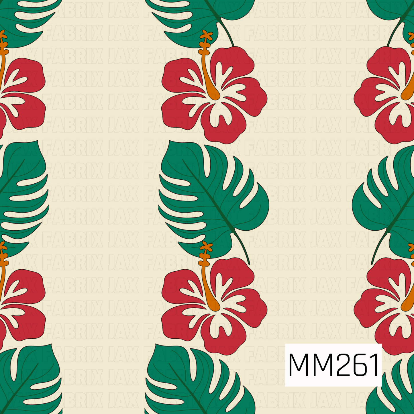 A tropical print featuring vibrant red hibiscus blooms paired with bold green monstera leaves on a soft cream background. the hibiscus and leaves are alternating into stripes. The oversized botanical elements are arranged in a clean, repeating layout, creating a bright and cheerful island-inspired design with a classic tropical aesthetic.

