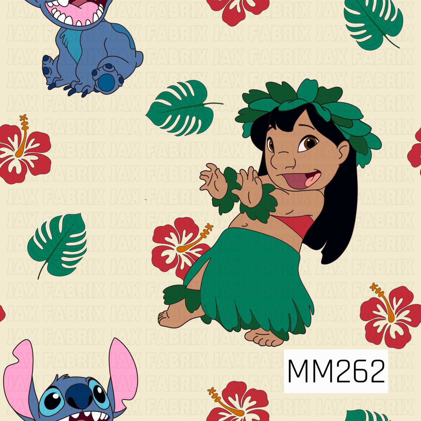 A playful tropical character print featuring a cheerful island girl surrounded by tropical leaves, vibrant red hibiscus flowers, and a blue alien companion. Set against a soft cream background, the design combines bold tropical elements with whimsical character artwork to create a fun, vacation-inspired pattern full of island charm and adventure.
