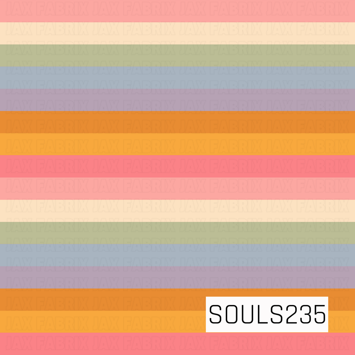 A retro-inspired horizontal stripe pattern featuring wide bands in soft pink, warm cream, muted sage green, dusty blue, lavender, burnt orange, and golden yellow. The varying stripe widths and softly muted color palette give the design a playful vintage feel.
