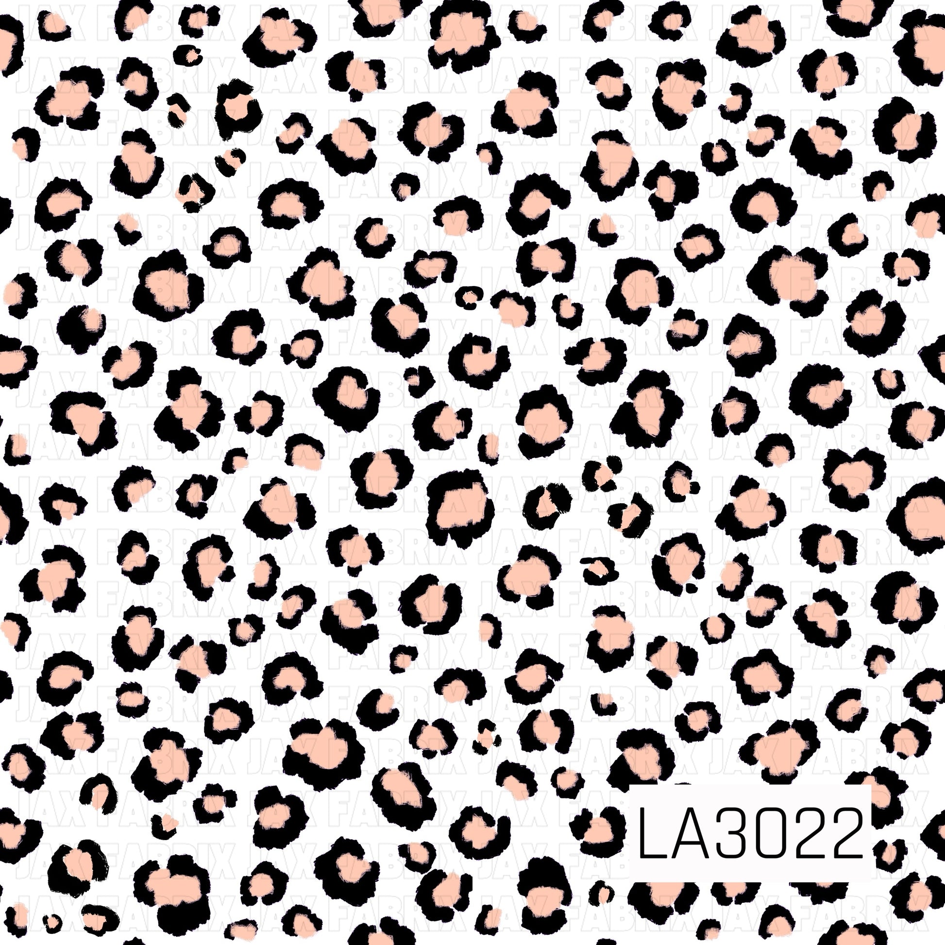A white background covered in playful black leopard spots with soft peach centers for a cute, modern neutral look.
