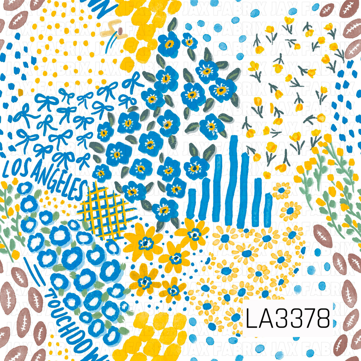 A bright Los Angeles football-inspired print featuring bold blue and golden yellow with touches of green and white. Hand-painted florals, bows, footballs, scattered dots, sketchy stripes, and abstract accents are mixed with “Los Angeles” and “Touchdown” lettering for a colorful, playful game day look.
