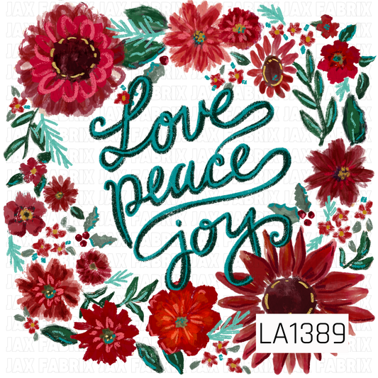 A vibrant floral PNG featuring the hand-lettered phrase “Love Peace Joy” in a rich teal script. Bold red, burgundy, pink, and orange blooms surround the lettering with deep green and teal foliage, tiny coordinating flowers, and berry accents. Textured brushstrokes and hand-drawn details give the design a whimsical, artistic feel.
