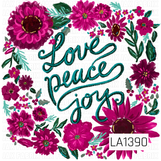 A vibrant floral PNG featuring the hand-lettered phrase “Love Peace Joy” in rich teal script. Bold blooms in shades of hot pink, fuchsia, and deep berry surround the lettering, accented by deep green and turquoise foliage, tiny coordinating flowers, and berry details. Textured brushstrokes give the design a whimsical, hand-painted feel.
