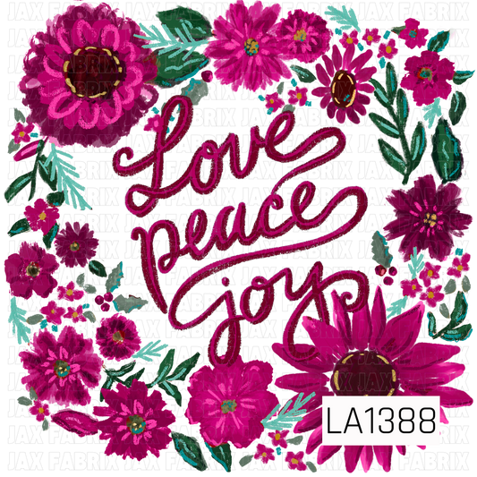 A vibrant floral PNG featuring the hand-lettered phrase “Love Peach Joy” surrounded by bold blooms in shades of hot pink, fuchsia, and deep berry. Rich green and teal foliage, tiny coordinating flowers, and textured hand-painted details frame the lettering for a bright, whimsical look.
