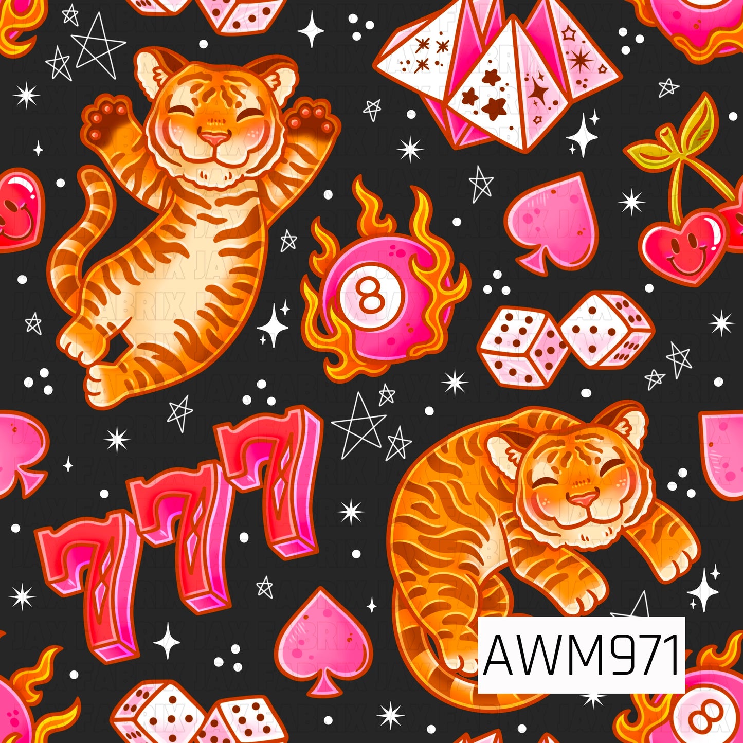 A bold and playful retro-inspired pattern featuring adorable orange tigers, lucky number sevens, a flaming pink 8-ball, sparkling crystal gems, dice, cherries, and heart-shaped spade accents. Set against a dark charcoal background with scattered stars and sparkles, this vibrant design combines bright shades of orange, pink, red, and yellow for a fun lucky-charm aesthetic with a vintage casino and Y2K-inspired vibe.
