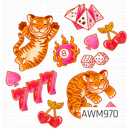 A playful retro-inspired design featuring adorable orange tigers, smiling cherries, lucky number sevens, a flaming pink 8-ball, sparkling pink crystals, dice, and heart-shaped accents. Set against a black background with scattered white stars and sparkles, this vibrant artwork blends bold shades of orange, pink, red, and yellow for a fun, whimsical aesthetic. Perfect for sublimation projects, t-shirts, apparel, and other creative handmade items.
