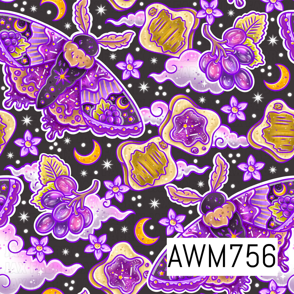 A whimsical seamless pattern featuring celestial luna moths, juicy purple grapes, twinkling stars, crescent moons, fluffy clouds, delicate flowers, and vintage-style toast with sparkling grape jelly, all set against a rich black background in vibrant shades of purple, lavender, and gold. Perfect for fabric, stationery, home décor, and magical cottagecore-inspired designs.