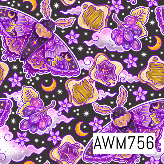 A whimsical seamless pattern featuring celestial luna moths, juicy purple grapes, twinkling stars, crescent moons, fluffy clouds, delicate flowers, and vintage-style toast with sparkling grape jelly, all set against a rich black background in vibrant shades of purple, lavender, and gold. Perfect for fabric, stationery, home décor, and magical cottagecore-inspired designs.
